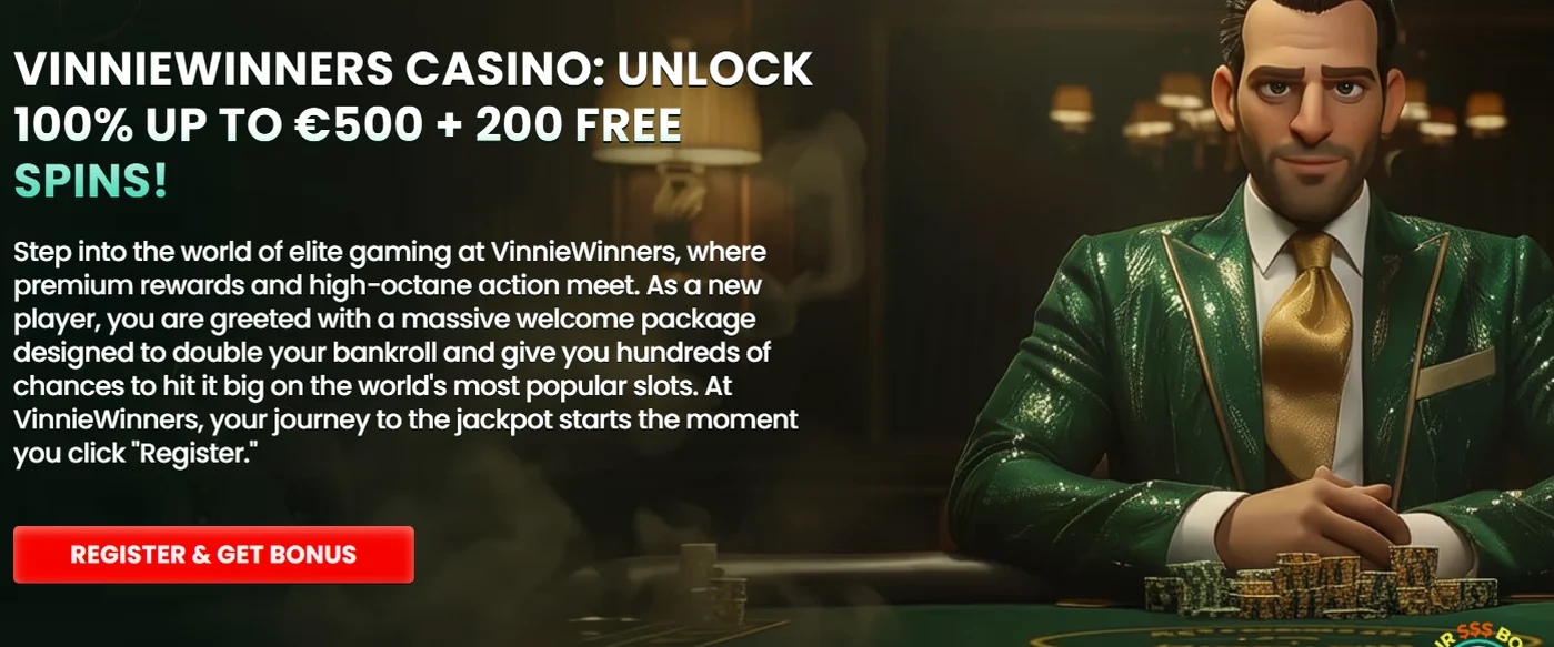 VinnieWinners Casino — 100% tot € 500 + 200 gratis spins